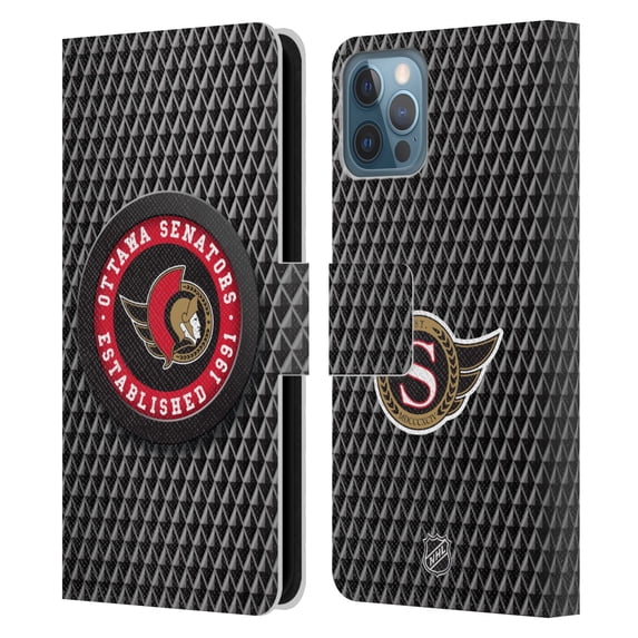 Head Case Designs Officially Licensed NHL Ottawa Senators Puck Texture Leather Book Wallet Case Cover Compatible with Apple iPhone 12 / iPhone 12 Pro