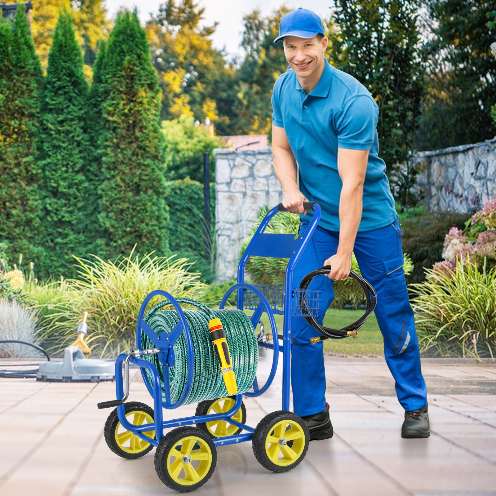 Gymax Garden Hose Reel Cart 300 FT of 5/8'' Large Capacity Heavy-Duty Metal Hose Cart Blue