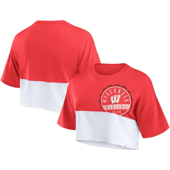 Women's Fanatics Red/White Wisconsin Badgers Oversized Badge Colorblock Cropped T-Shirt