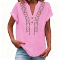 thumbnail image 2 of ClodeEU Women's V Neck Short Sleeve Embroidered Blouse,Casual Loose Fit Button Top Pink,Women's Plus XXXL, 2 of 7