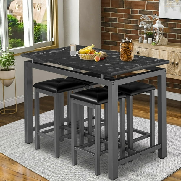 5 Piece Pub Table Set Counter Height Faux Marble Bar Table Set with 4 PU Leather Cushioned Stools Modern Home 4 Person Dining Table Set Kitchen