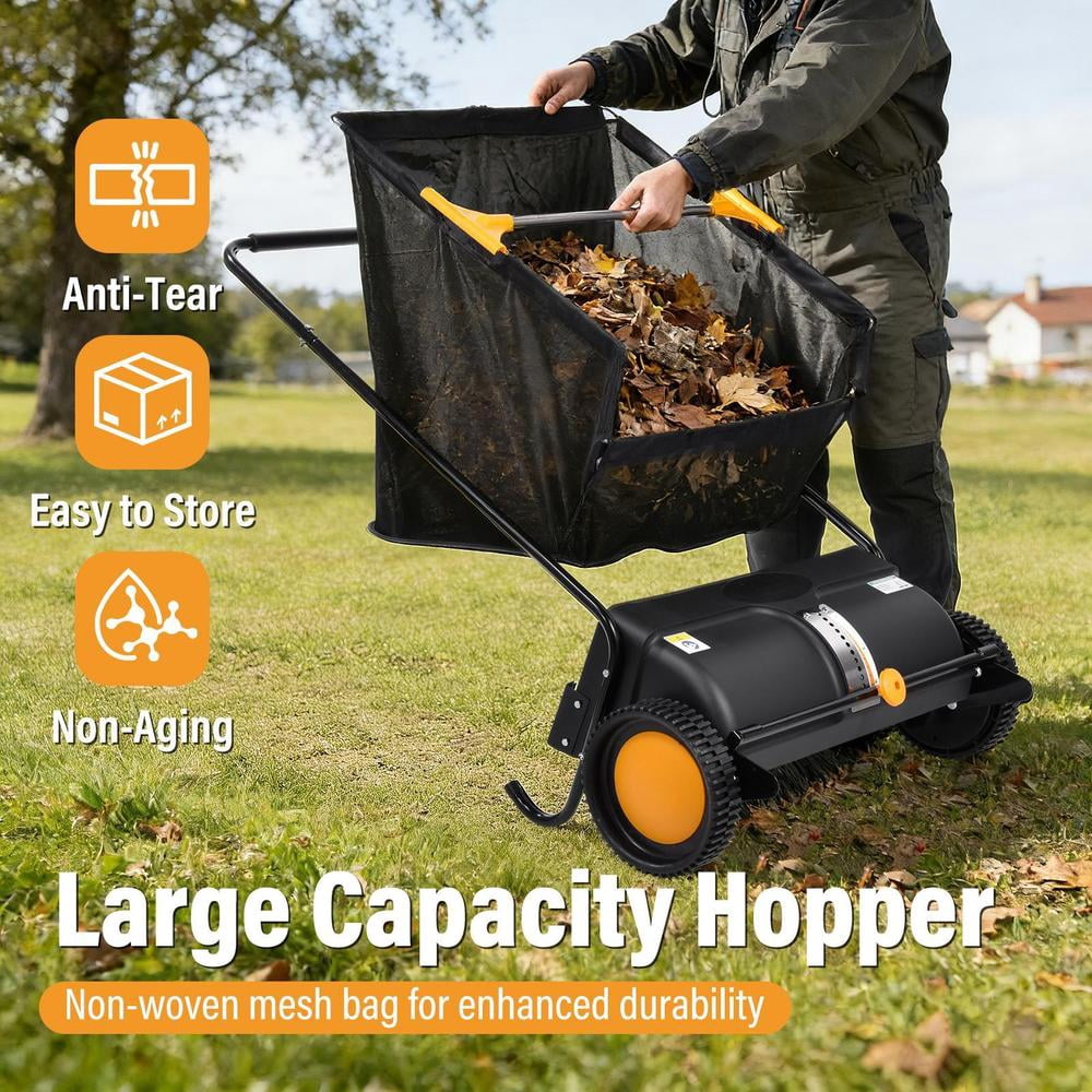26in Lawn Sweeper, Adjustable-Height Heavy-Duty Walk-Behind Yard Leaf Collector with Wide Wheels and Collection Bag, for Leaves, Grass Clippings & Debris