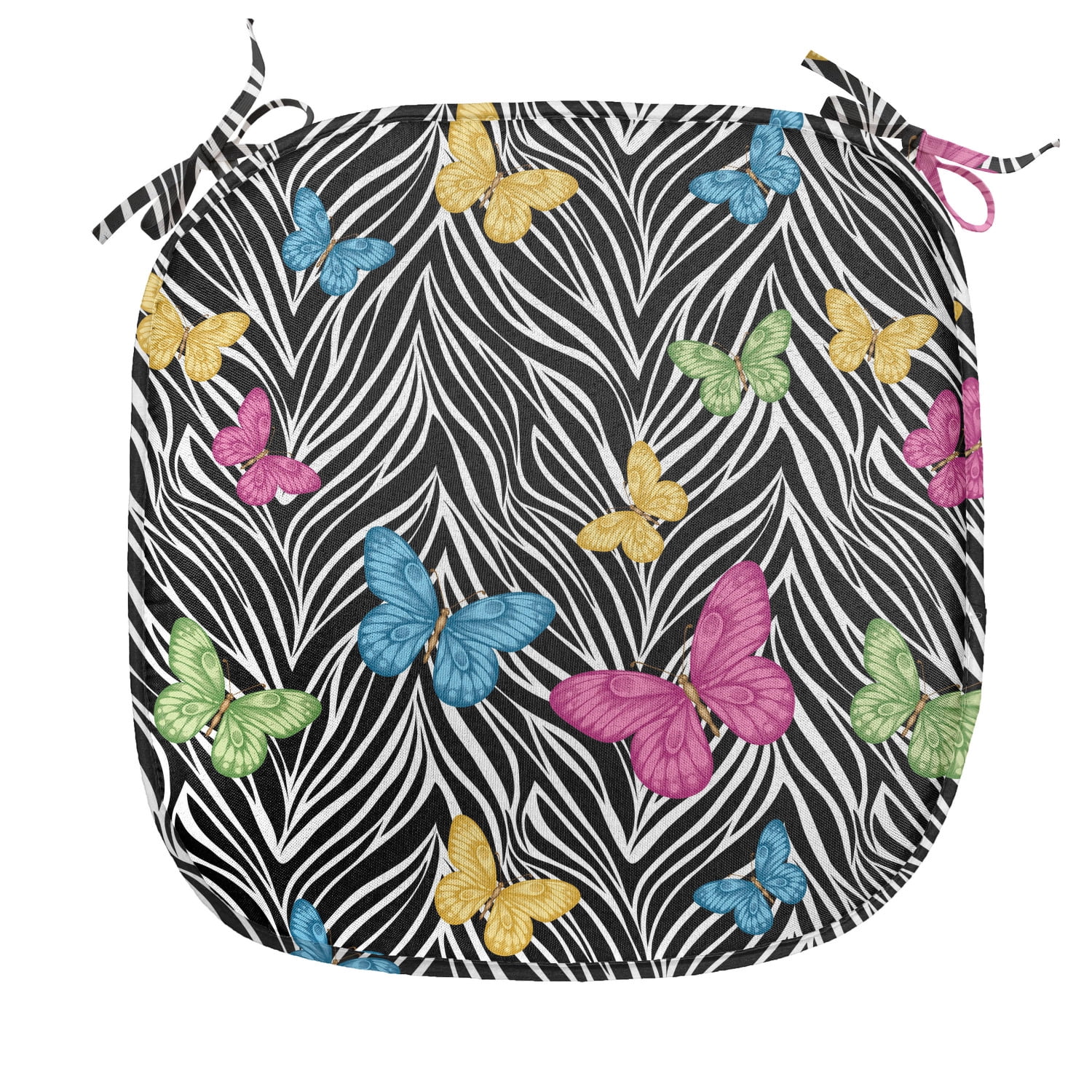 Zebra Print Chair Seating Cushion, Colorful Butterflies on Zebra Abstract Print Summer Jungle