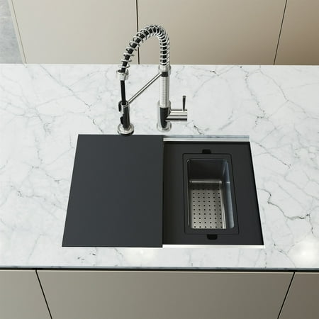 VIGO Hampton Stainless Steel 32 in. Single Bowl Undermount Workstation Kitchen Sink with Utility Tier Ledge and Accessories