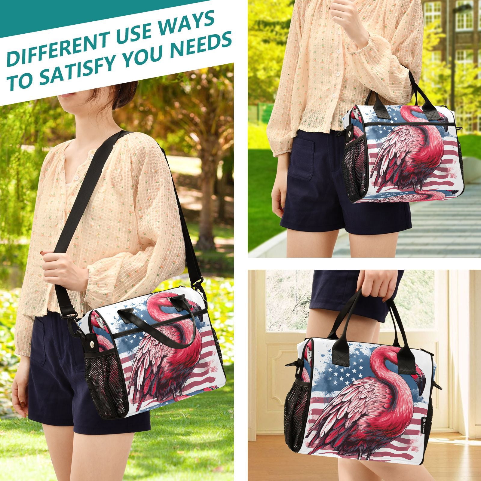 Flamingo American Flag Cooler Bag Lunch Bag Soft Cooler Cooling Tote Insulated Lunch Box for Adult Men Women