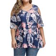thumbnail image 2 of Camisa de mujer Blusa estampada con hombros descubiertos y manga corta con cuello en V, Azul marino, XL Jumpingount AP002468-21, 2 of 5