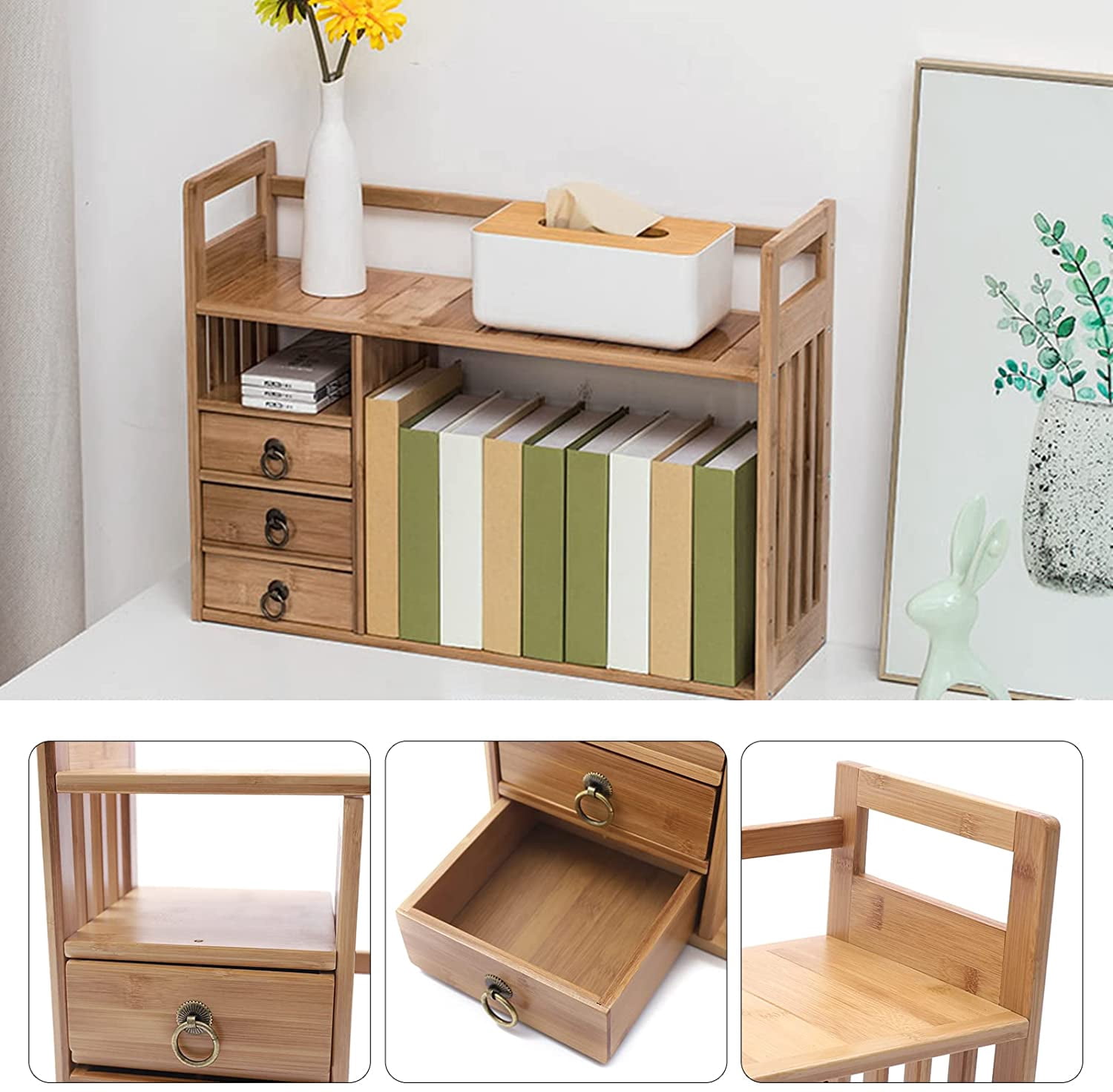 Miumaeov Bamboo Desktop Bookshelf Desk Organizer Shelf Storage Rack Counter Top Bookcase, Office Desk Storage display Shelf Rack with 3 Drawers for Office Supplies, Kitchen,Bathroom, Makeup
