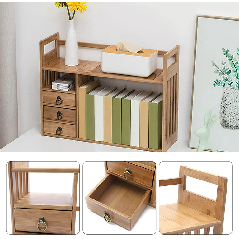 Salafey Expandable Desktop Bookshelf,Bamboo Desktop Bookcase,Mini Bookshelf  Organizer Tabletop Bookshelf for Office Home Tabletop