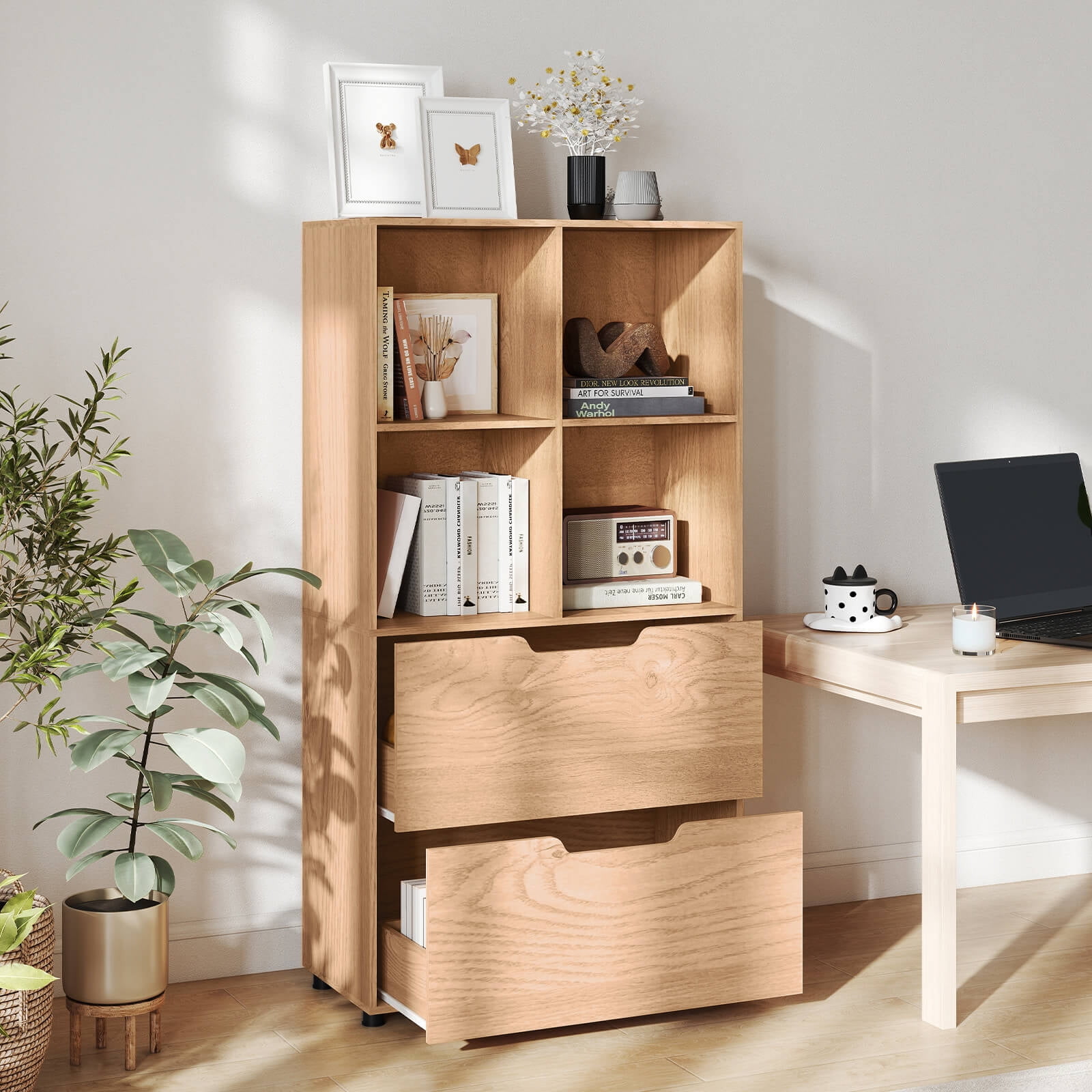Costway 2PCS 4-Cube Bookcase with 2 Drawers, 5-Tier Tall Freestanding Bookshelf for Study Natural