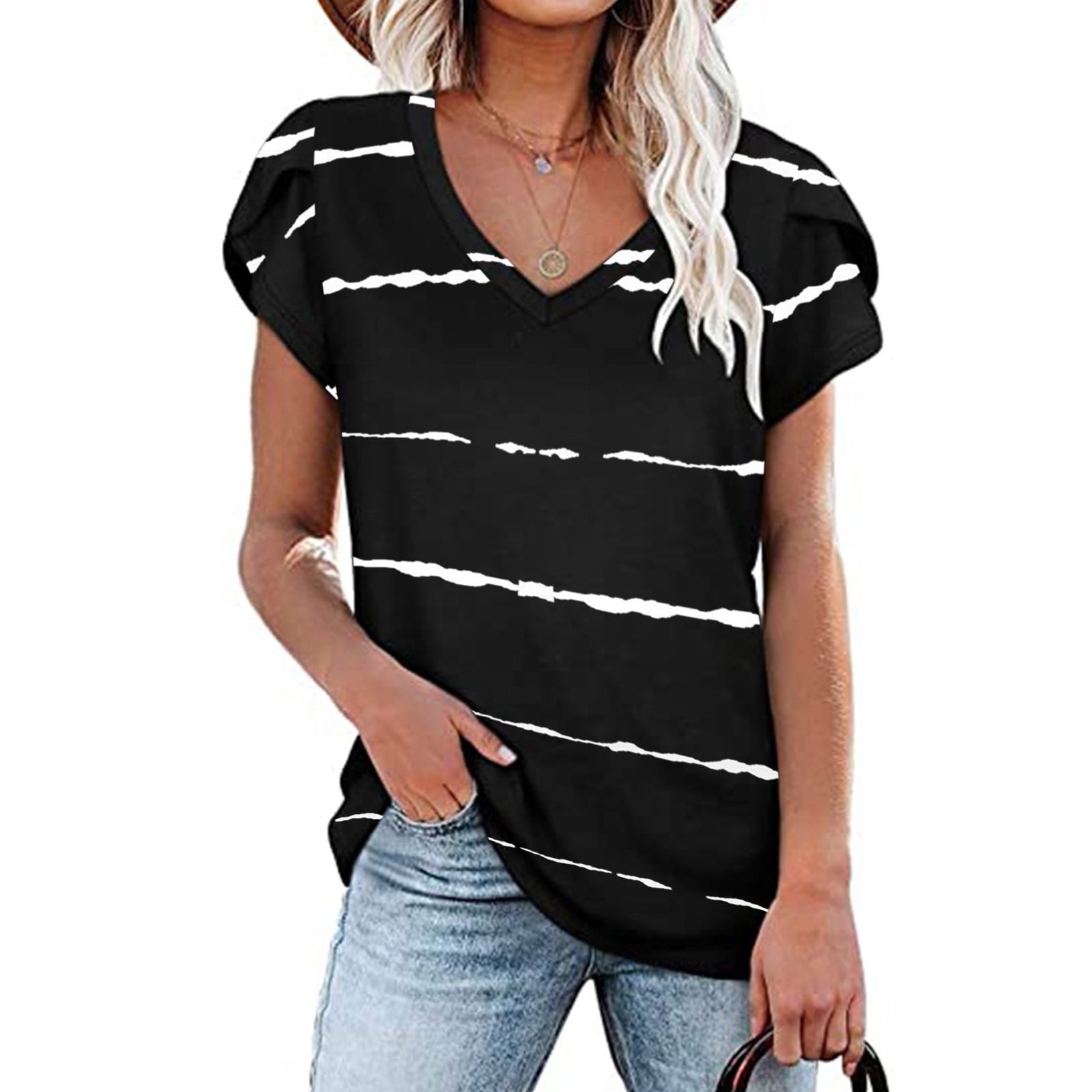 Paymenow T Shirts for Women Puff Sleeve Chiffon V Neck Casual Tops Blouse 
