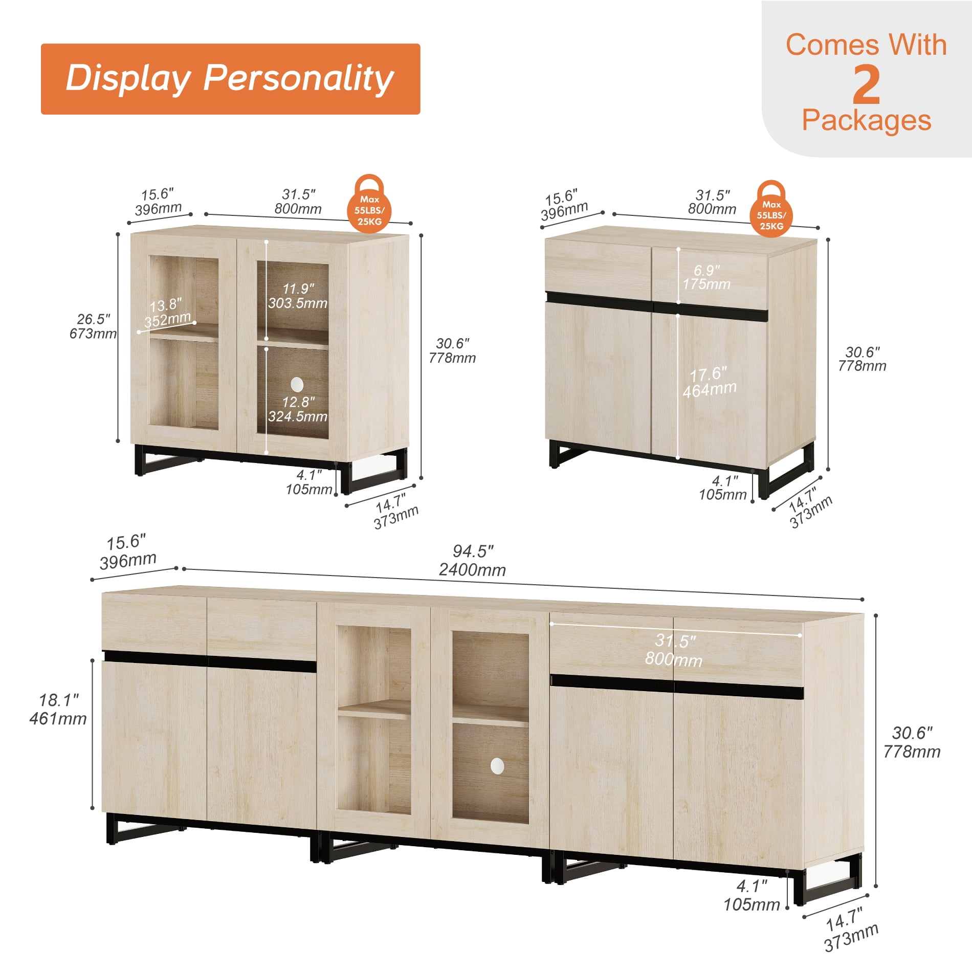Modern 3-in-1 Storage Chest, Multifunctional Bedroom Dresser with Glass Doors & Adjustable Shelves, Versatile Home Closet Organizer Cabinet,Beige