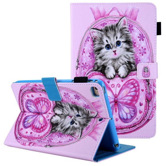 Allytech iPad Mini 5 Case, iPad Mini 4 Case, iPad Mini 3/ Mini 2/ Mini 1 Case, Slim Fit Auto Sleep Wake Folio Kicksand Cards Pocket Pencil Holder Cover for Apple iPad Min 1 2 3 4 5,Cute Cat