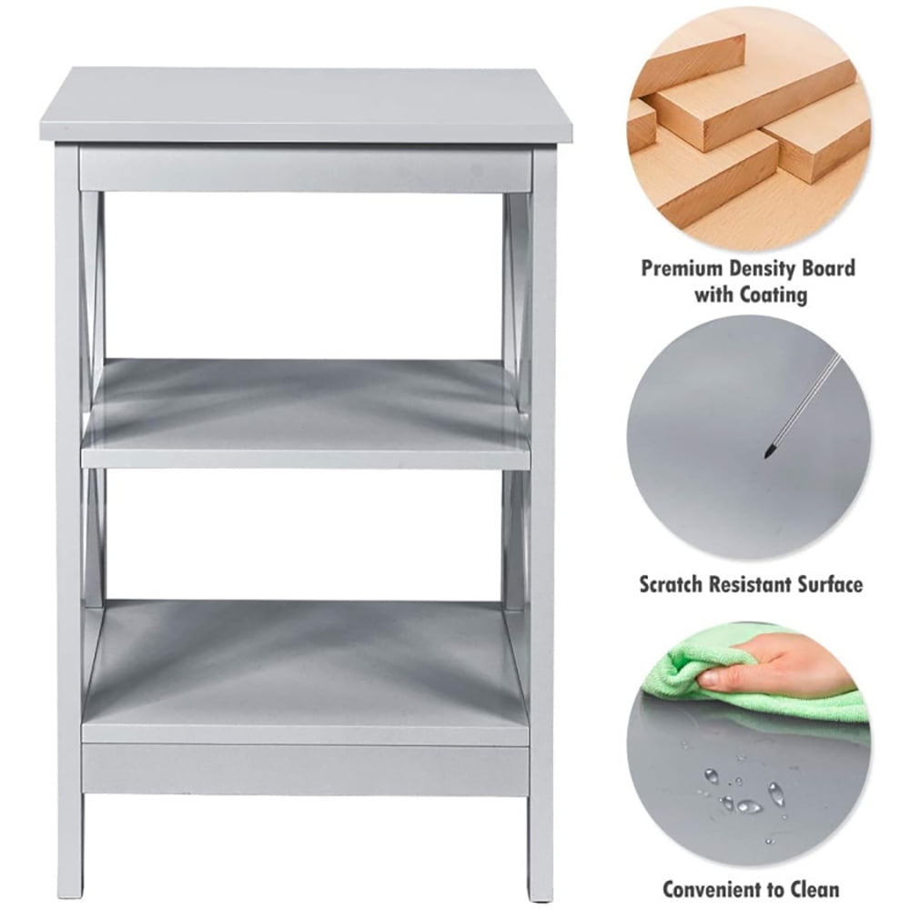 Finihen End Table, 3-Tier X-Design Nightstands with Storage Shelves, Bed Side Tables, for Living Room, Bedroom, Gray Finihen End Table, 3-Tier X-Design Nightstands with Storage Shelves, Bed Side Tables, for Living Room, Bedroom, Gray