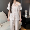 thumbnail image 4 of BaoFuBaoMei Satin Pajamas for Women Plus Size 2 Piece Short Sleeve Button up Lounge Set Collared Top and Pants Pjs Lace Trim Striped Sleepwear, 4 of 5