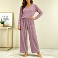 thumbnail image 6 of Women's V-Neck Loungewear Two Piece Set Loose Long Sleeve Top and Straight Leg Full Length Pants Soft Breathable Casual Pajama Set Purple, 6 of 7