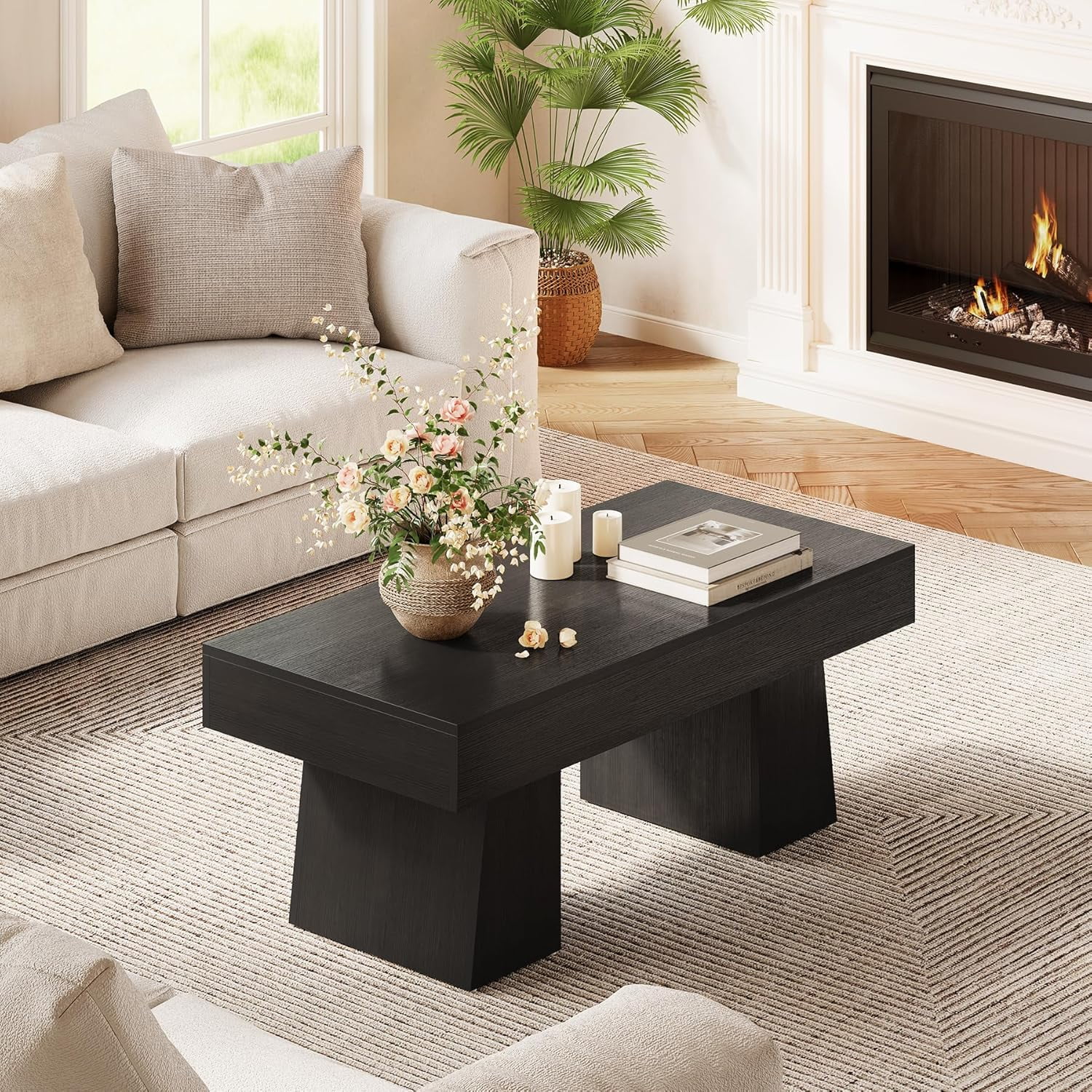 Tribesigns 47" Modern Coffee Table, Wood Rectangular Center Tables for Living Room, Black