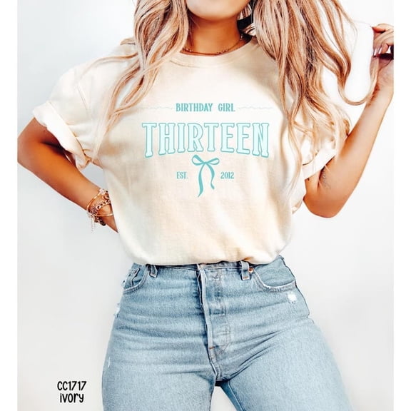 Comfort Colors® Blue Bow Thirteenth Birthday Shirt, Coquette 13th Birthday. Party 13 Year Old Birthday Gift, Year Est 2012, 13th BDay Tee