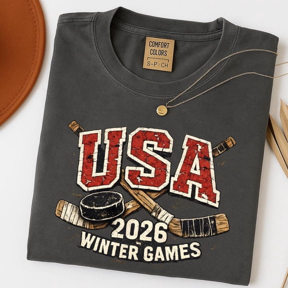 Hockey Shirt 2026 Winter Games, Retro Varsity Sports Fan Gift, Vintage American Ice Hockey T-Shirt, Comfort Colors Unisex Cotton T-Shirt, Size S-3XL