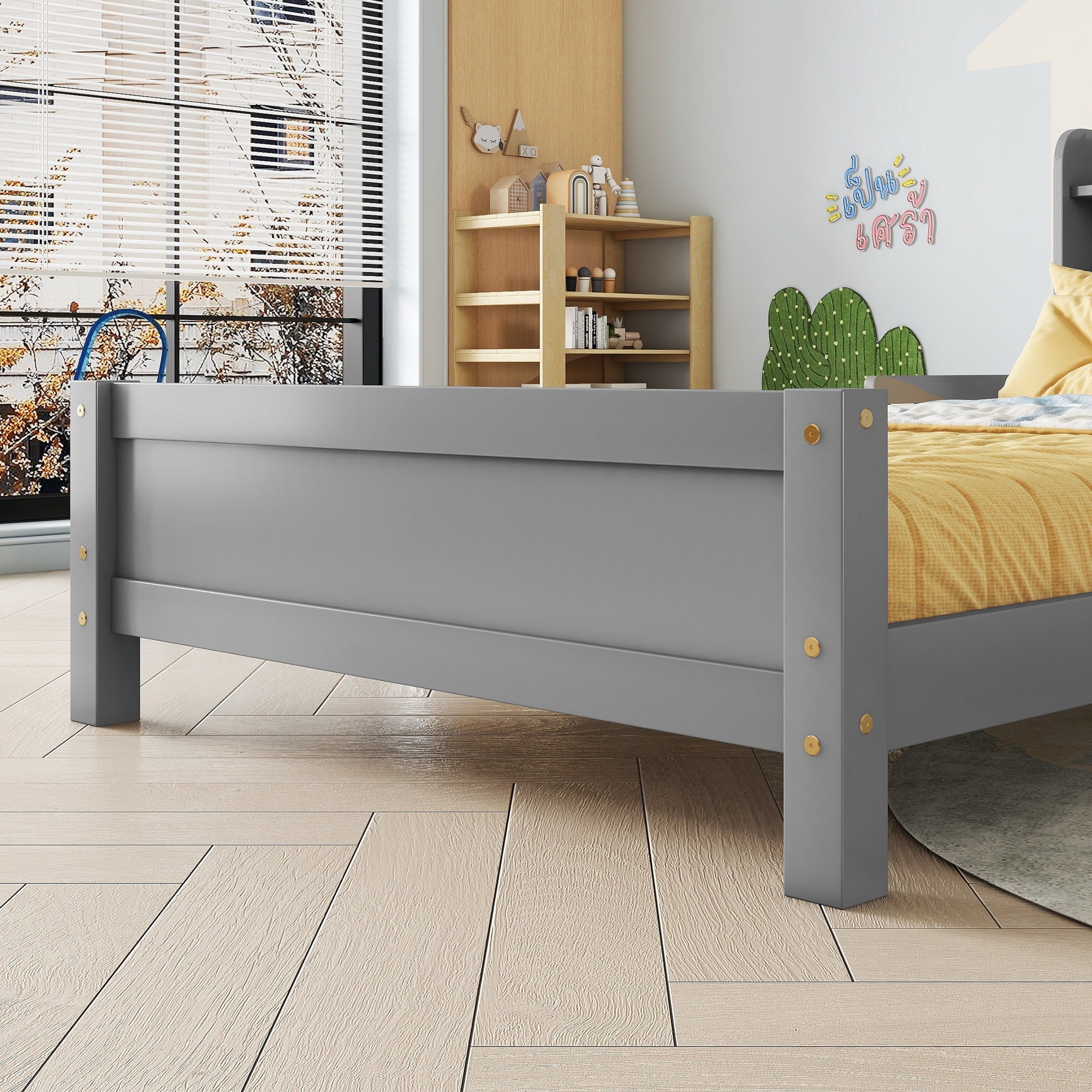 Leumius Twin Pine Wood Bed with Bookcase Headboard, LED Motion Sensor Light, Guardrails for Boys Girls Grey