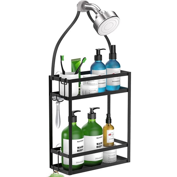Meangood Shower Caddy Organizer,Mounting Over Shower Head Or Door,Extra Wide Space for Shampoo, Conditioner, and Soap with Hooks for Razors and More,10.5" x 4.5" x 22.4", Mental Black