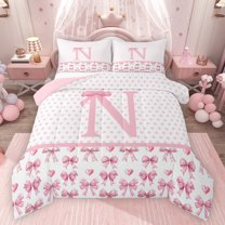 Feelyou Bowknot Letter N Queen Comforter Set, Princess Pink Bedding Comforter Set, 3pcs