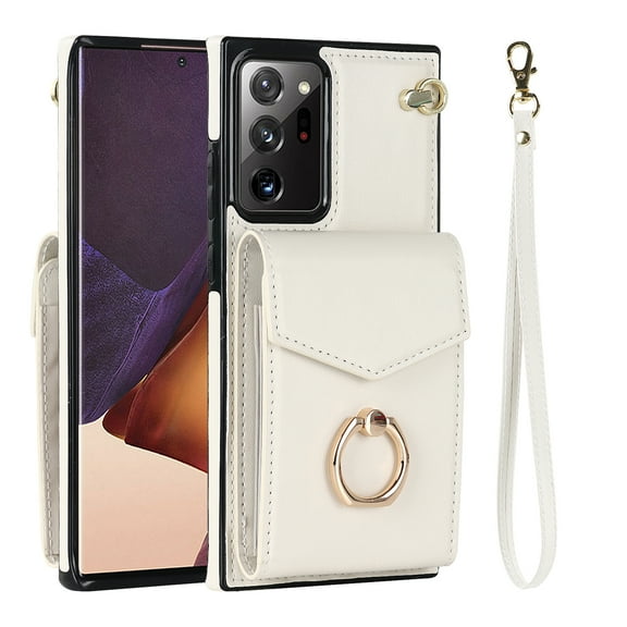 Wallet Case for Samsung Galaxy Note 20 Ultra, Back Card Slots/Bag Magnetic Button Ring Holder Stand Cover with RFID Blocking Wrist Hand Strap Luxury PU Leather Anti-Shocks Case,White