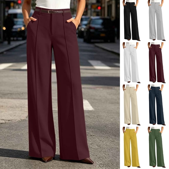 Smsaxvxz Pants for Women Summer Fashion High Waist Wide Leg Pleated Work Business Pants With Pockets Casual Loose Suit Trousers Wine M