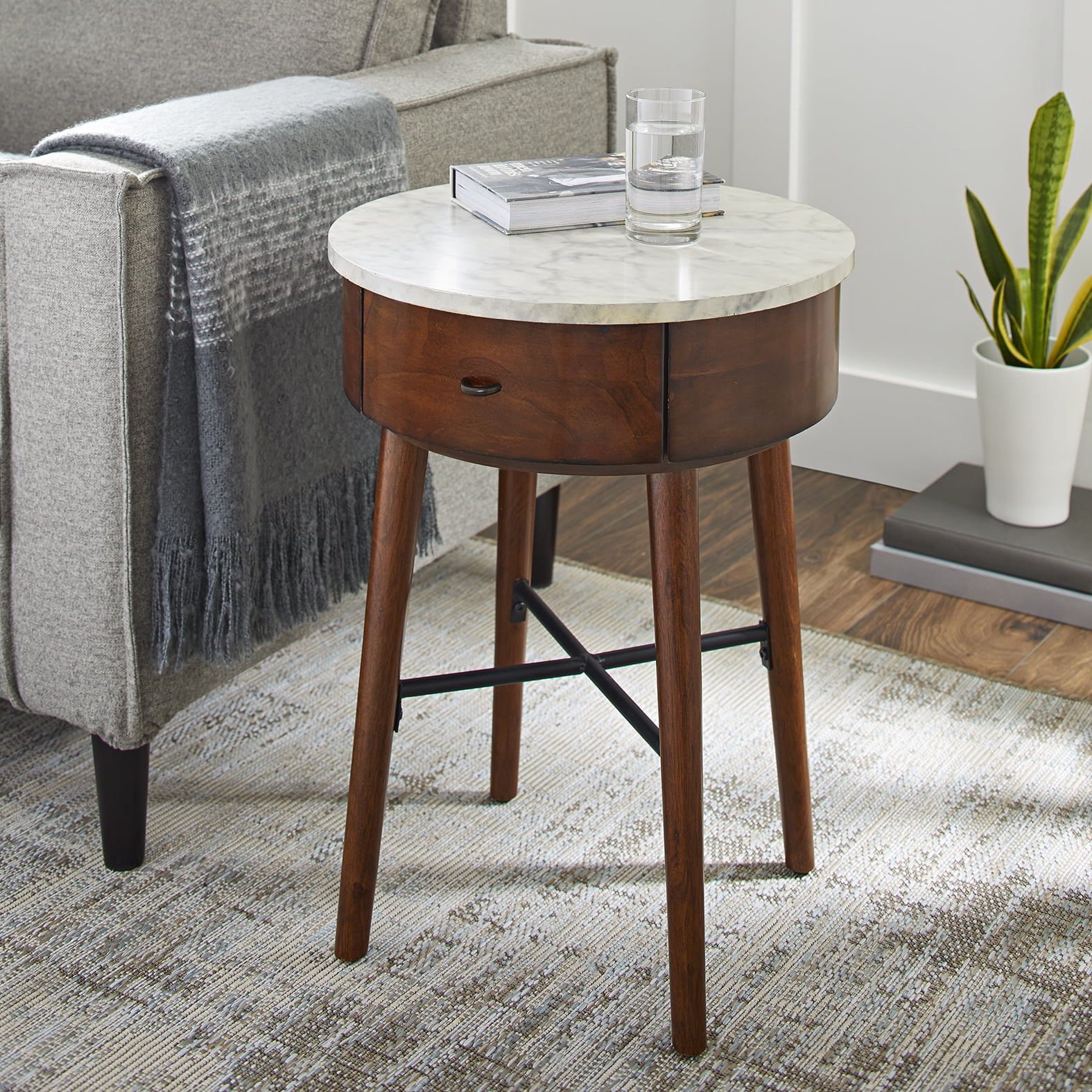 Better Homes and Gardens Wood & Marble Finish Round Accent Table, Walnut by Powell