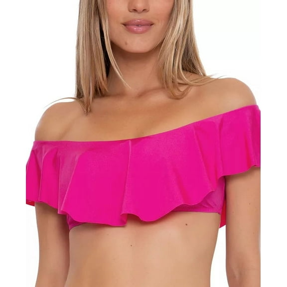 Trina Turk PINK Monaco Solids Off the Shoulder Ruffle Bandeau Swim Top, US 4