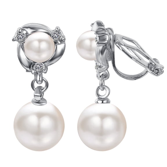 Yoursfs Pearl Clip on Earrings for Women Platinum Plated Double White Pearl Dangle Earring Non Pierced Ears