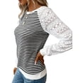 thumbnail image 2 of Women'S Solid Color Lace Trim Long Sleeve T-Shirt Round Neck See Through Casual Elegant Top Black & White XL, 2 of 7