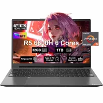 15.6" IPS FHD-Gaming-Laptop, AMD Ryzen 5 6600H 6-Cores 660M GPU 32GB DDR5 RAM 1TB SSD(Beat i7-1165G7, Up to 4.5GHz) Computer with 100W GaN Type C Fingerprint Backlit Keyboard Win 11