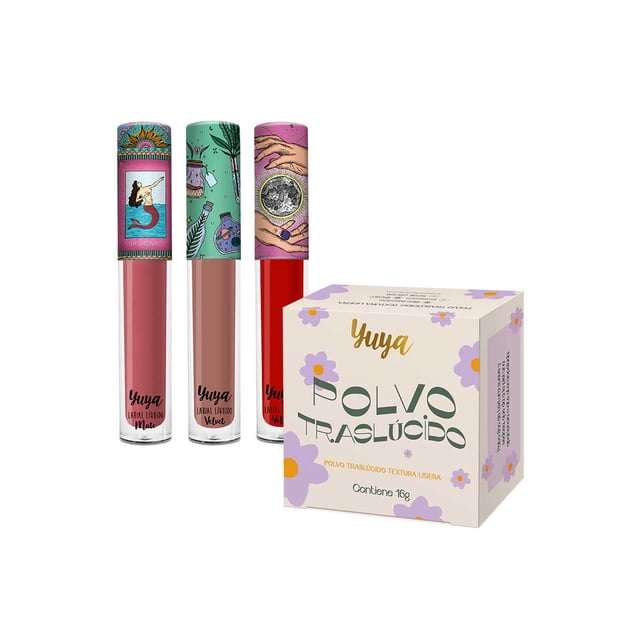 Polvo translúcido Yuya con ingredientes naturales 16g Paquete 3 Labiales Líquidos Mate Sirena Rame Te quiero