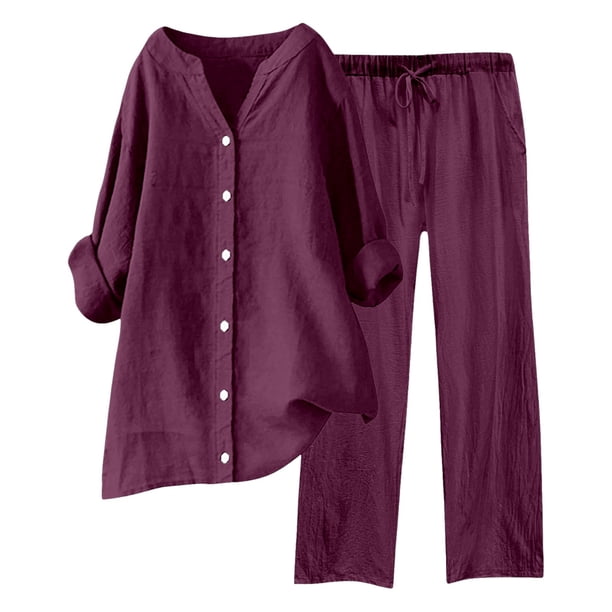 Conjuntos de 2 piezas para mujer: blusa de pierna ancha y pantalones elásticos. Camisa informal con cuello en V y bolsillos. Ropa urbana para todas las estaciones.