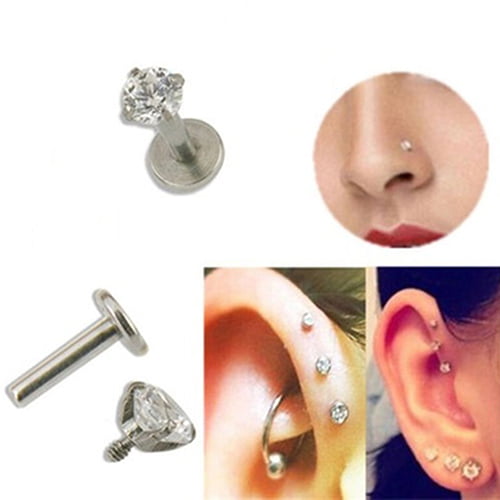 1 Pair 16G CZ Gem Round Tragus Lip Ring Ear Cartilage Stud Earring Body Piercing 