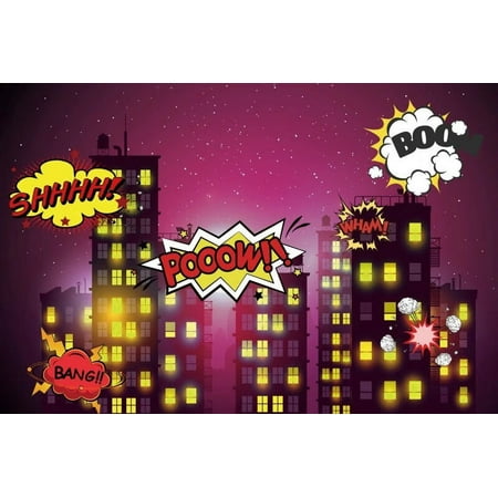 Image of Superhero Cartoon City Buildings Baby Shower Photo Backdrop Girl Boy Birthday Portrait Customized Photography Background