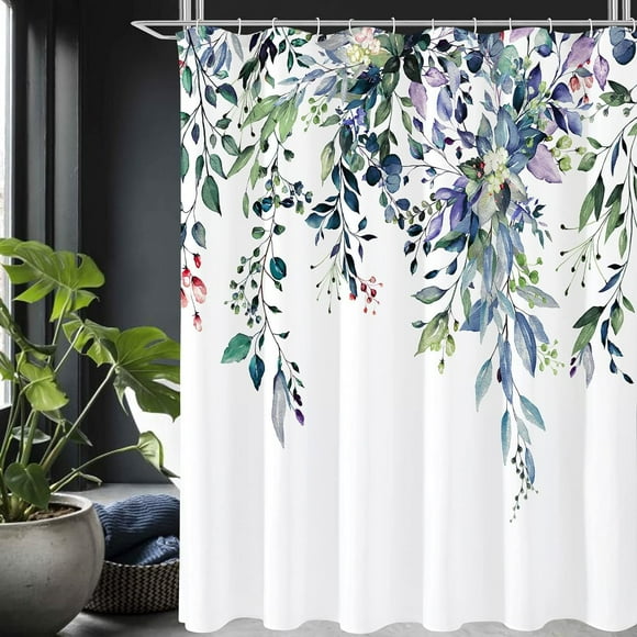 Rideau de Douche en Eucalyptus Vert Sauge, Feuilles de Plantes Aquarelle avec Décor Floral pour Salle de Bain, Ensemble de Rideau de Douche en Tissu Imperméable avec Crochets 72x72 Pouces Blanc