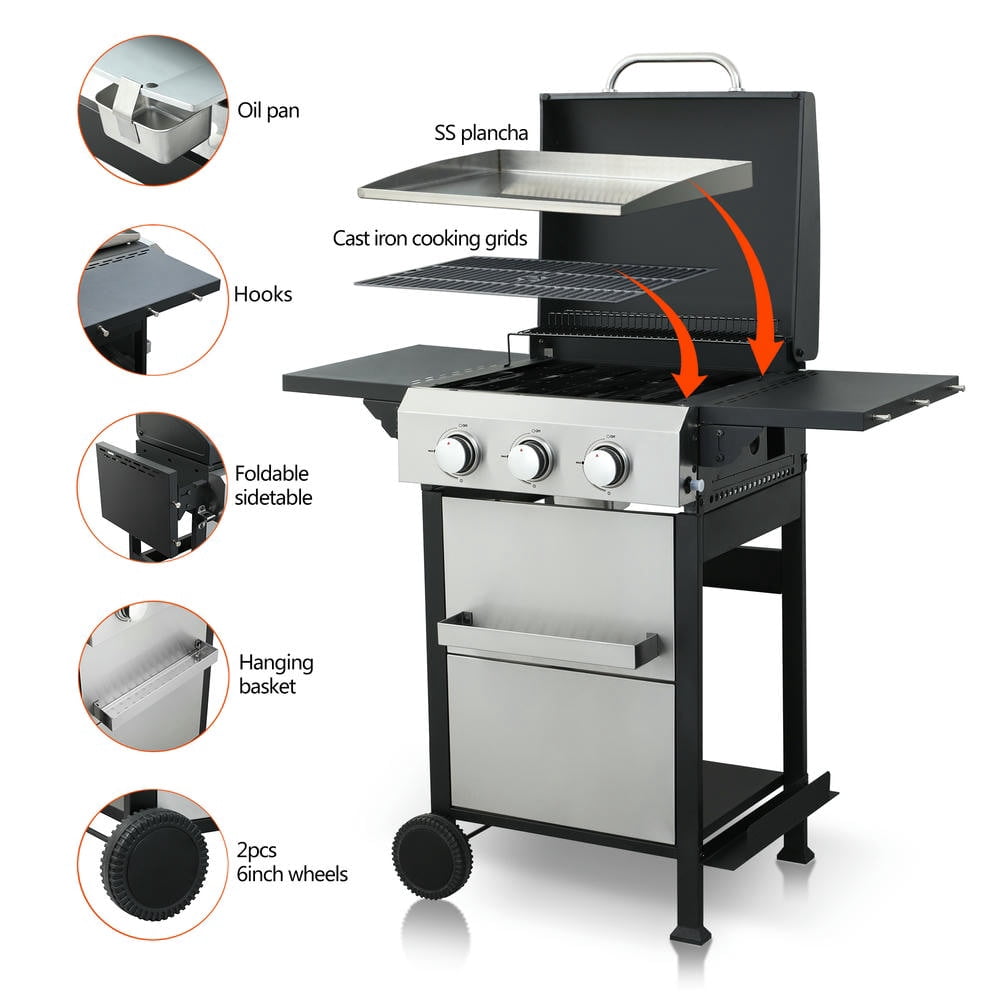 Barara King BBQ Grill, Outdoor Camping Grill,3-Burner Propane Gas BBQ Grill, SS Plancha, 36900BTU Output With Wire Enamel Cooking Grids