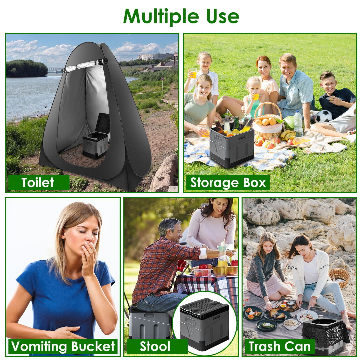 Portable Toilet with Carry Bag, Foldable Toilet with Lid Trash Bags for Car Indoor Outdoor Commode Travel, Camping, Tent, Hiking, Boating