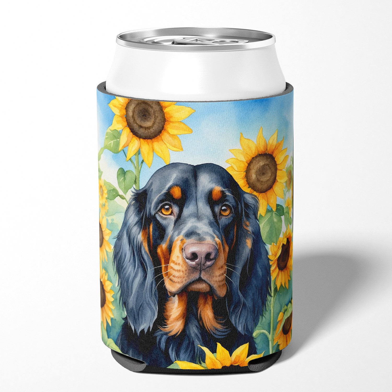 Gordon Setter in Sunflowers Can or Bottle Hugger 3 in x 5 in
