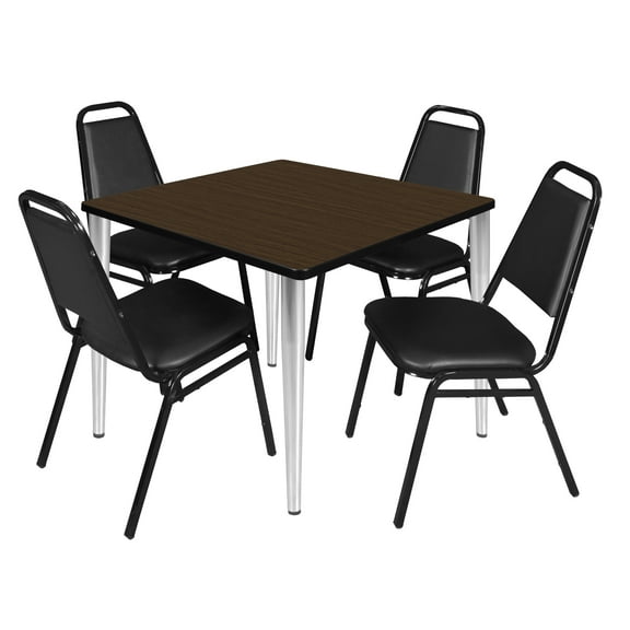 Romig Arco 36 in. Square Breakroom Table- Neo Walnut Top, Chrome Base & 4 Restaurant Stack Chairs- Black