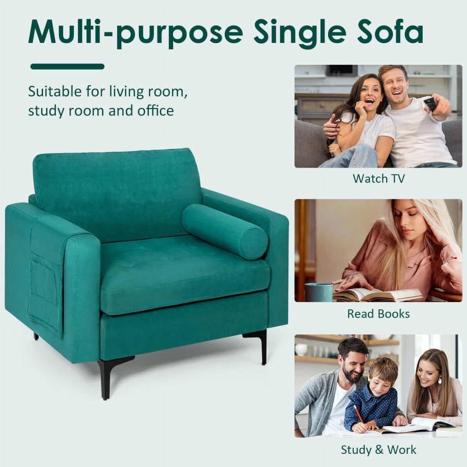 Finihen Upholstered Accent Chair, Modern Accent Chair with Bolster and Side Storage Pocket, for Living Room, Bedroom, Teal
