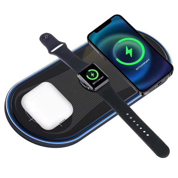 Phone Charger Compatible Charging Stand , 15W Ambient Light Fast Charging Dual Three-in-One Flat Wireless Charger for Apple and Huawei All-in-One