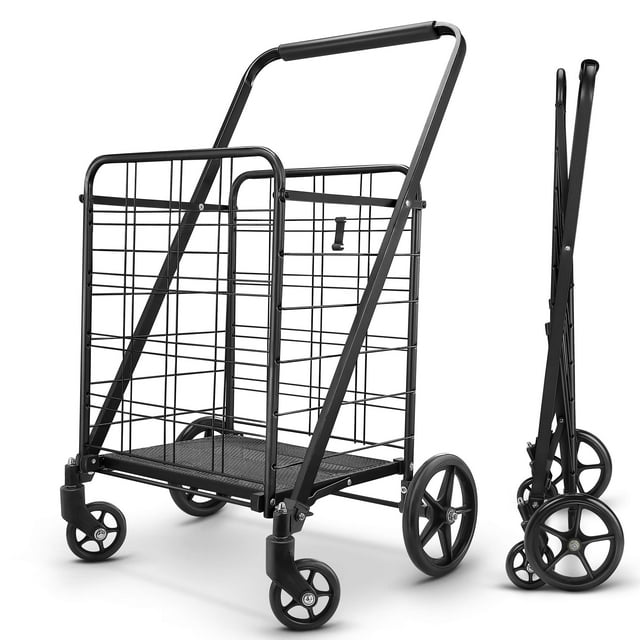 Folding Shopping Cart Jumbo Basket with Swivel Wheels with 360° Rolling