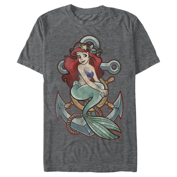 Men's The Little Mermaid Ariel Vintage Anchor  Graphic Tee Charcoal Heather 3X Large