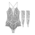 thumbnail image 3 of TiaoBug Womens Latin Modern Jazz Dance Costume Sparkly Sequins Fringe Leotard with Gloves Silver M, 3 of 7
