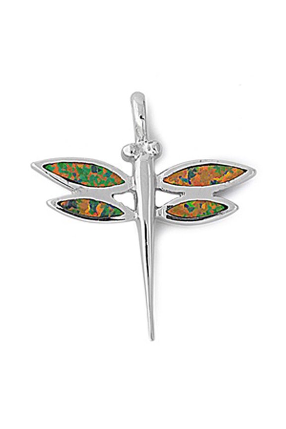 Pointed Dragonfly Pendant Mystic Simulated Opal .925 Sterling Silver Bug Charm Jewelry Female Male