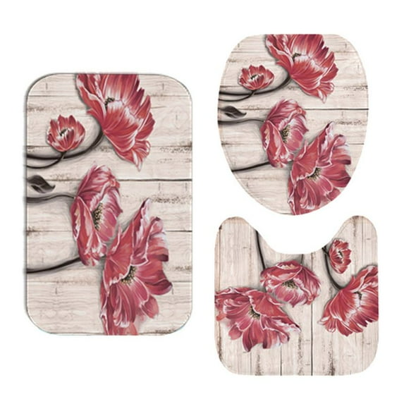 Keimprove 3pcs Flower Bathroom Rug Set Including Non-slip Rugs Toilet Lid Cover and Bath Mat for Home Hotel Party Decor