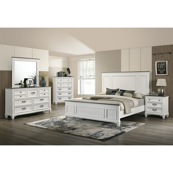 Roundhill Clelane Weathered White and Gray Finished 5-Piece Bedroom Set, Shiplap Panel King