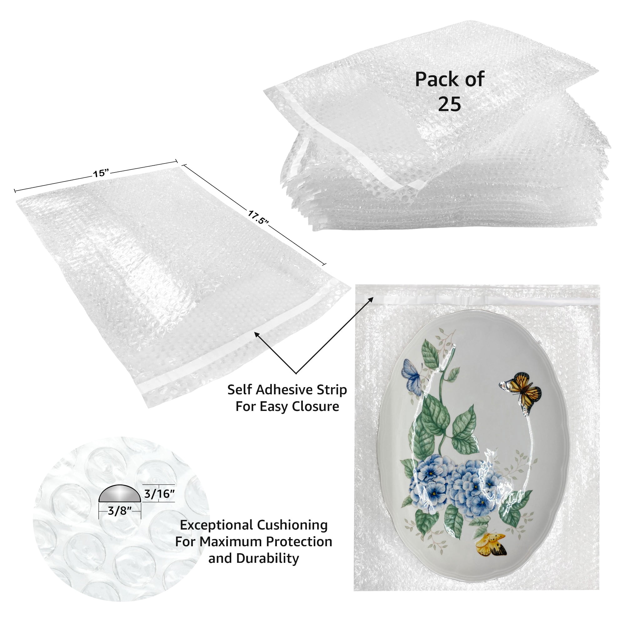 UOFFICE 3/16"  Bubble Wrap Bags, 15x17.5" 25 Count, 1 pack